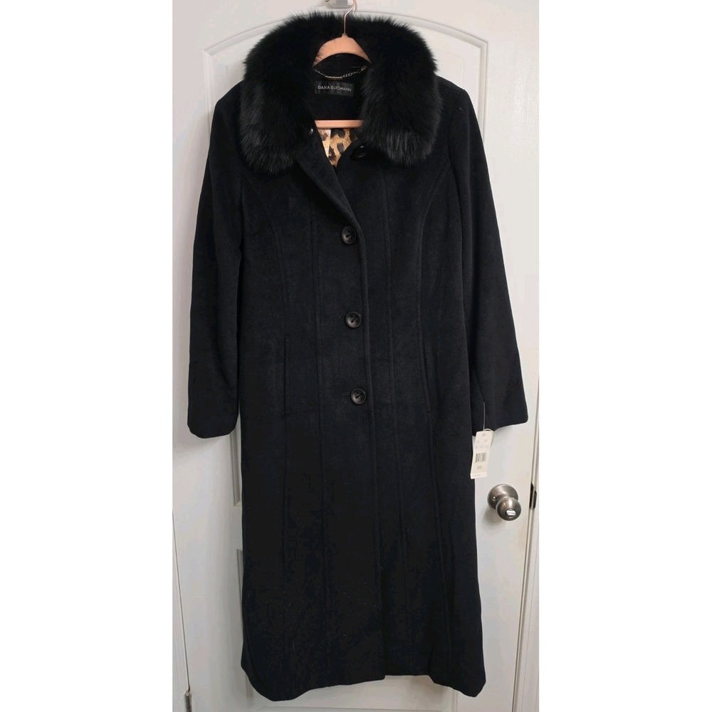 Womens Dana Buchman Black Wool Blend Faux Fur Elegant Classy Full Long Coat Sz10